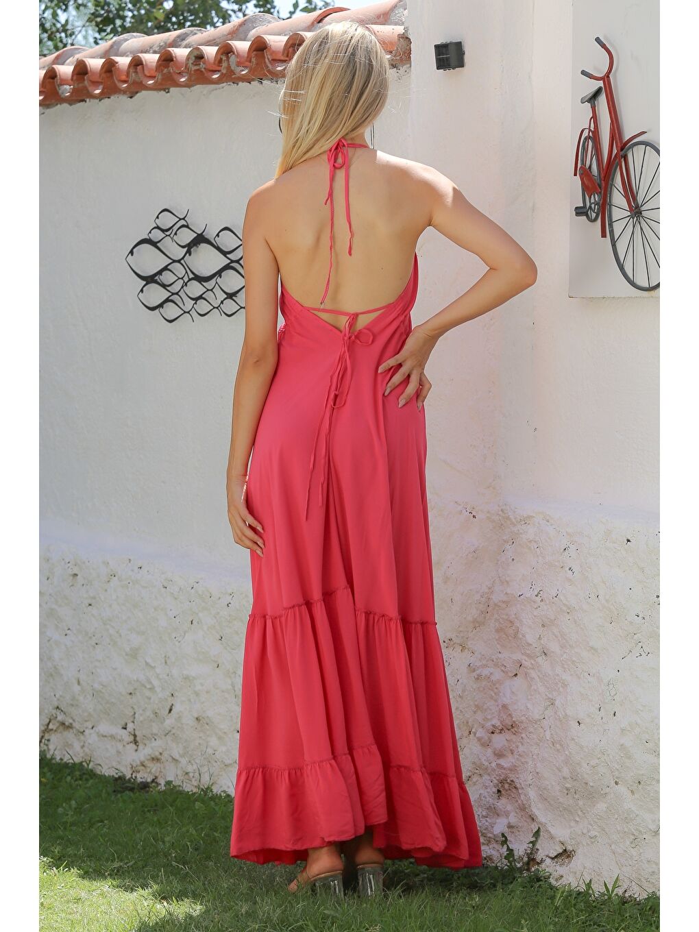 Koyu Pembe V Yaka Askılı Eteği Fırfırlı Dokuma Casual Elbise-7