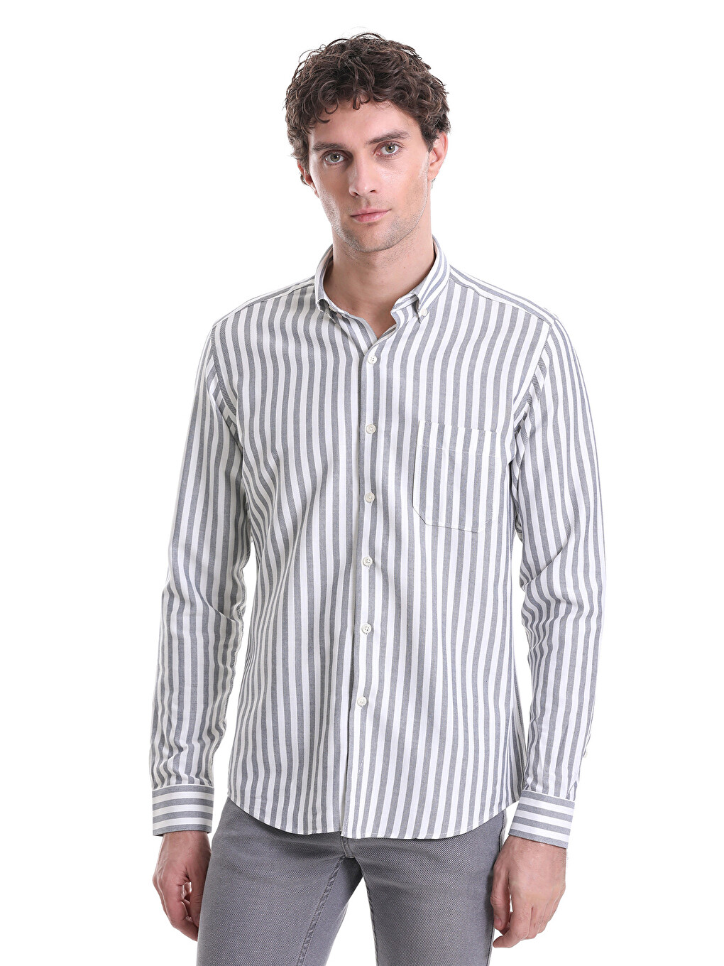 Lacivert Slim Fit Çizgili Dik Yaka Pamuklu Uzun Kollu Casual Gömlek