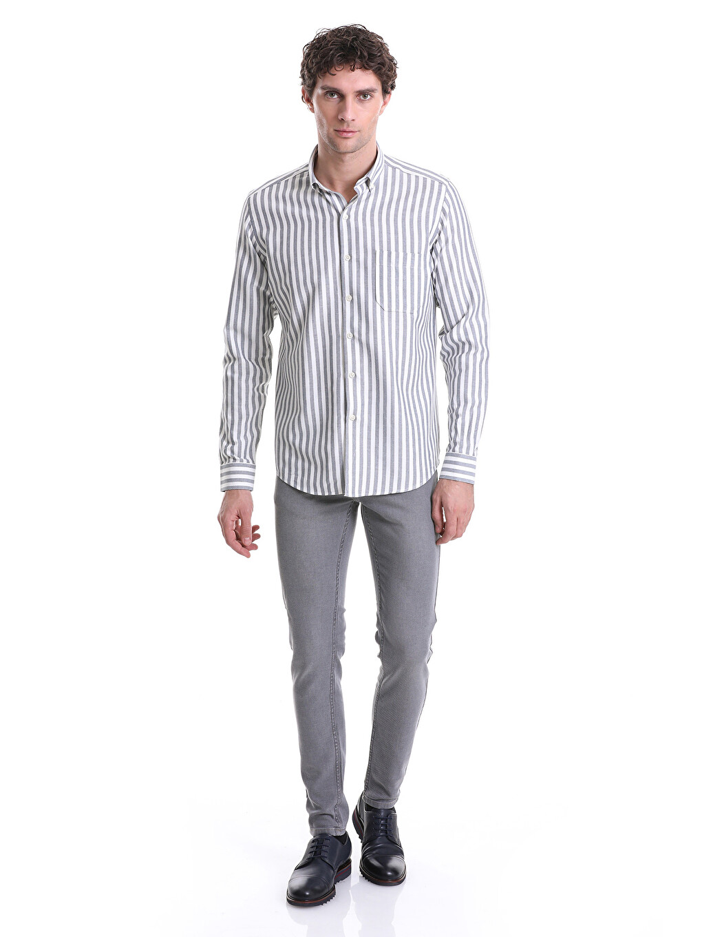 Lacivert Slim Fit Çizgili Dik Yaka Pamuklu Uzun Kollu Casual Gömlek-1