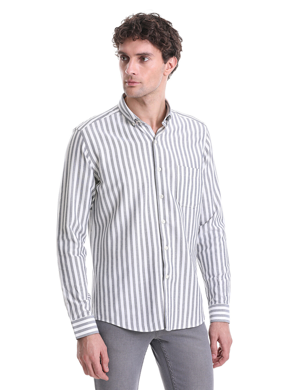 Lacivert Slim Fit Çizgili Dik Yaka Pamuklu Uzun Kollu Casual Gömlek-2