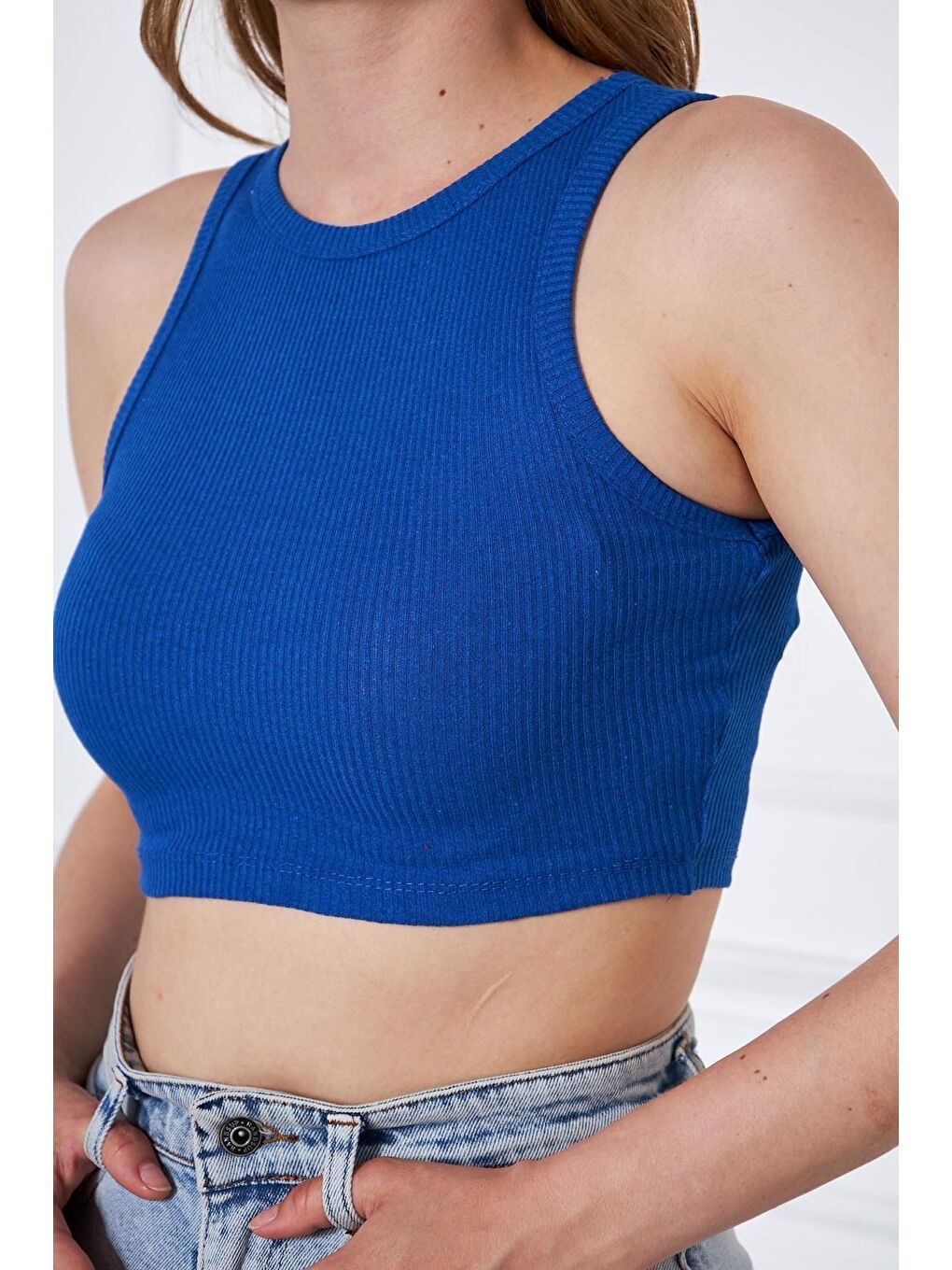 Kadın Crop Top Mavi Basic Bluz-1