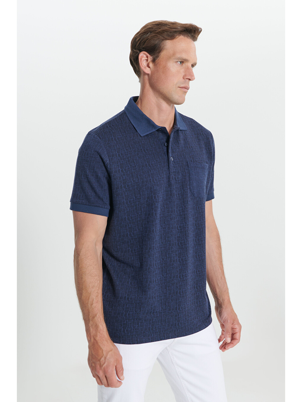 Erkek Lacivert Comfort Fit Rahat Kesim Polo Yaka Jakarlı Tişört-3