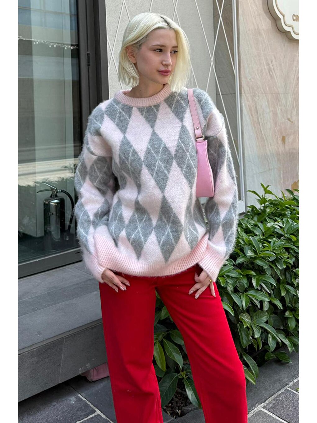 Pembe Bisiklet Yaka Şardonlu Baklava Desenli Kazak Mg2493-3