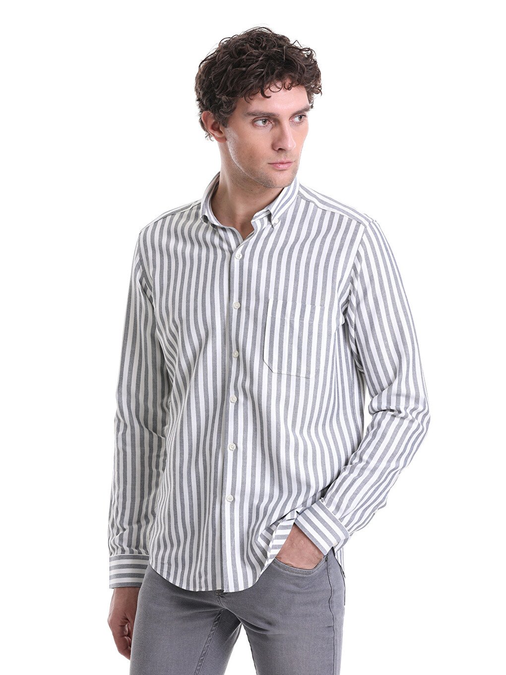 Lacivert Slim Fit Çizgili Dik Yaka Pamuklu Uzun Kollu Casual Gömlek-3