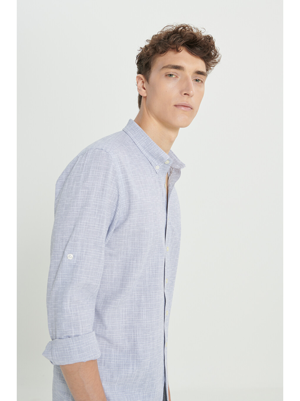 Erkek Lacivert Slim Fit Dar Kesim Düğmeli Yaka %100 Pamuk Armürlü Gömlek-2