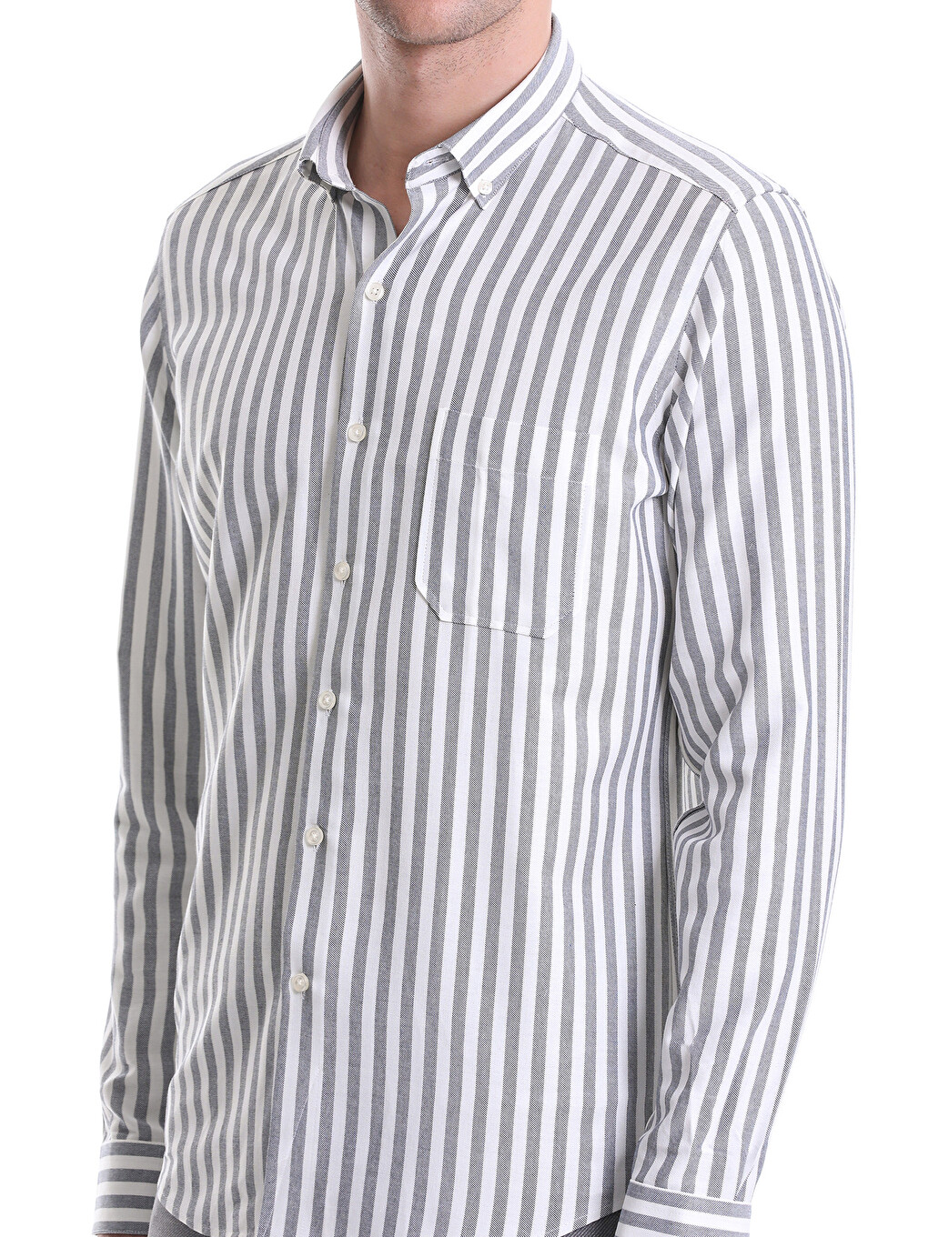 Lacivert Slim Fit Çizgili Dik Yaka Pamuklu Uzun Kollu Casual Gömlek-4