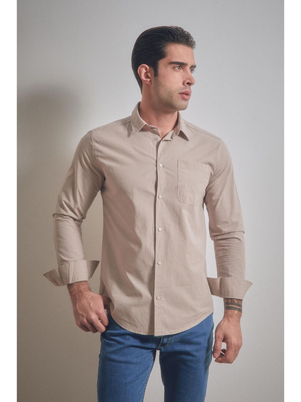 Bej Basic Çıtçıtlı Gömlek-1