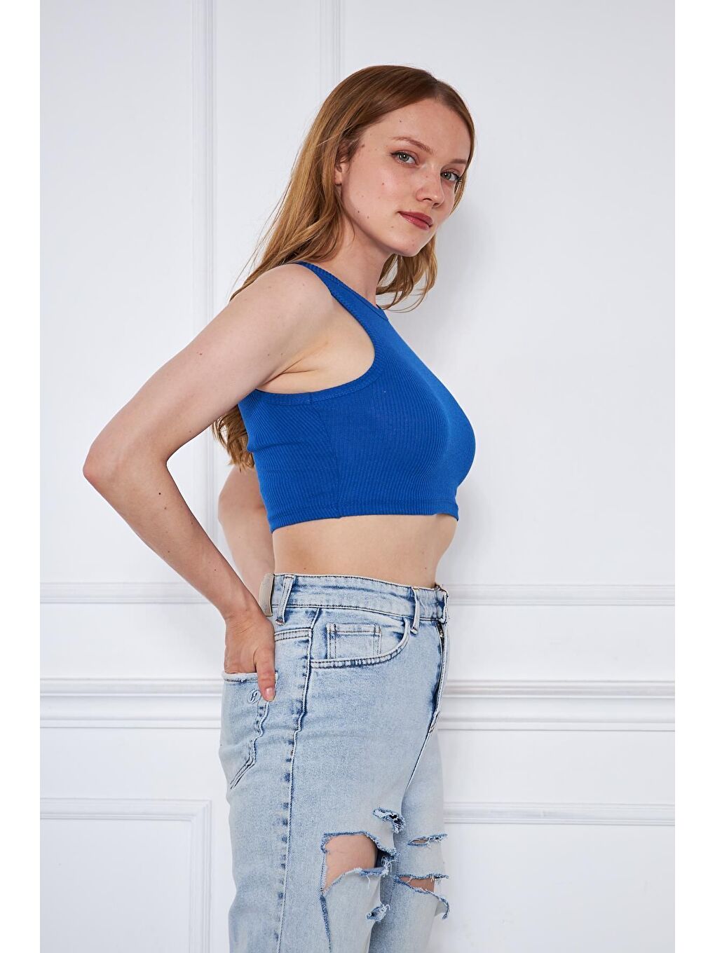 Kadın Crop Top Mavi Basic Bluz-2