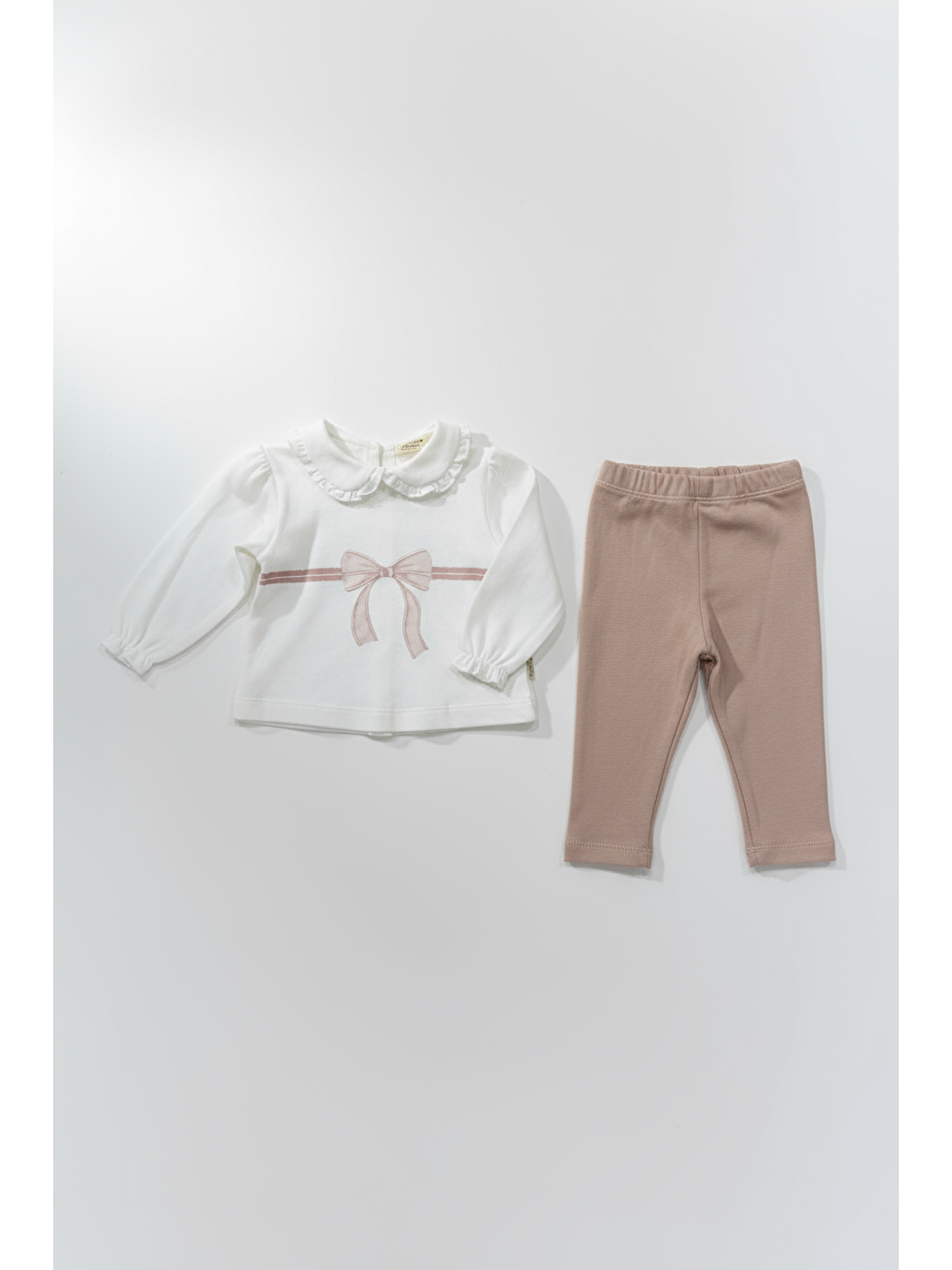Karışık Kız Çocuk Pamuklu Pembe Fiyonklu Uzun Kollu Tişört Ve Tayt Takım - Dantel Yaka Detaylı-1