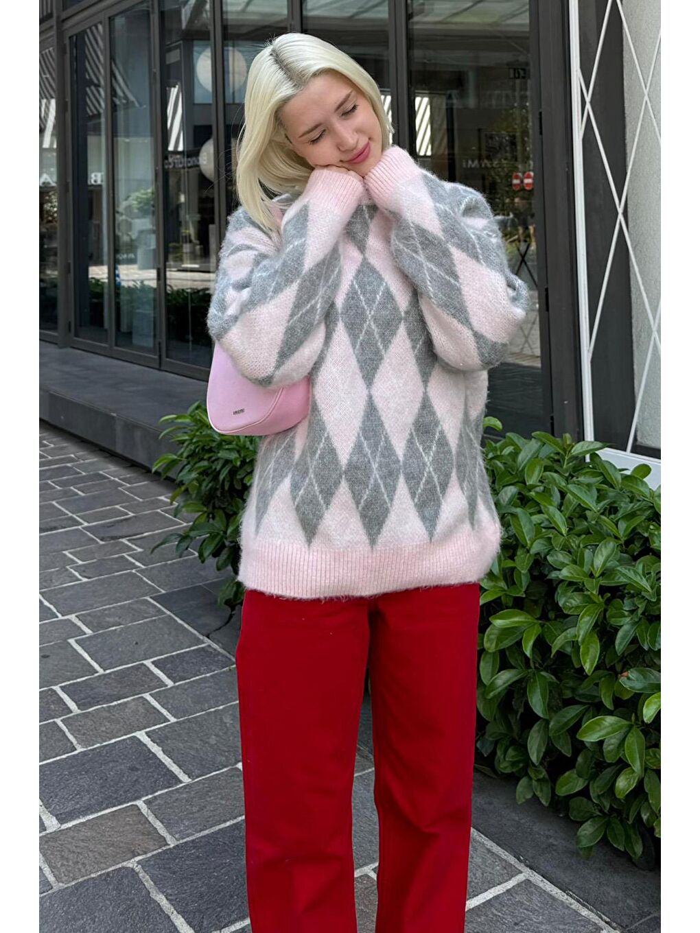 Pembe Bisiklet Yaka Şardonlu Baklava Desenli Kazak Mg2493-5