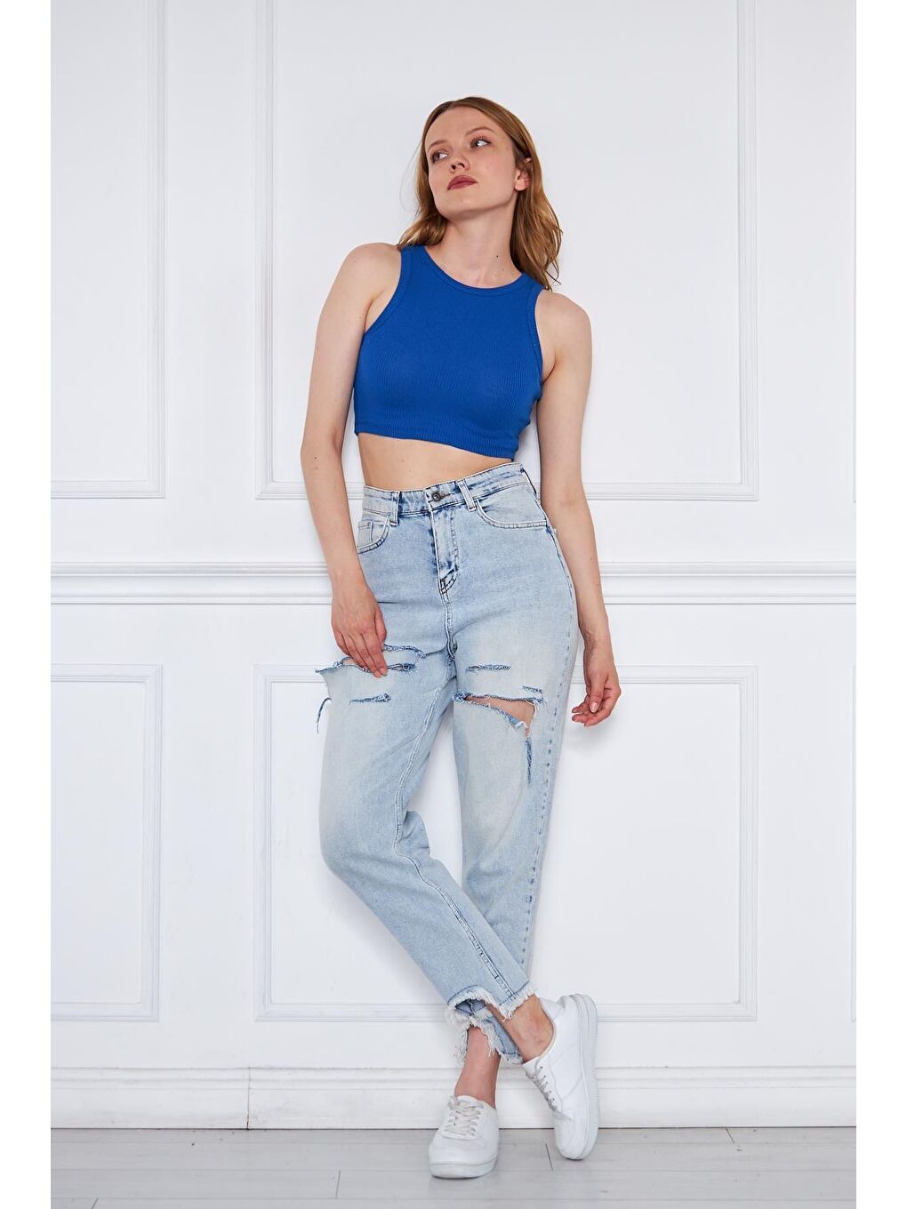 Kadın Crop Top Mavi Basic Bluz-3