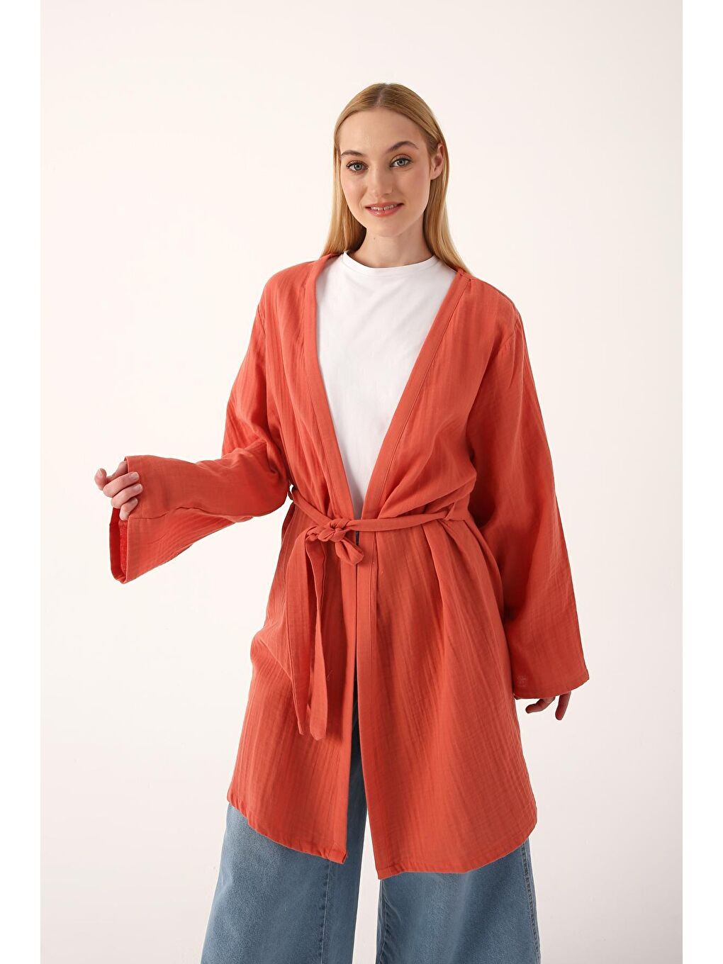 Kahverengi Açık Kiremit Pamuklu Kuşaklı Kimono