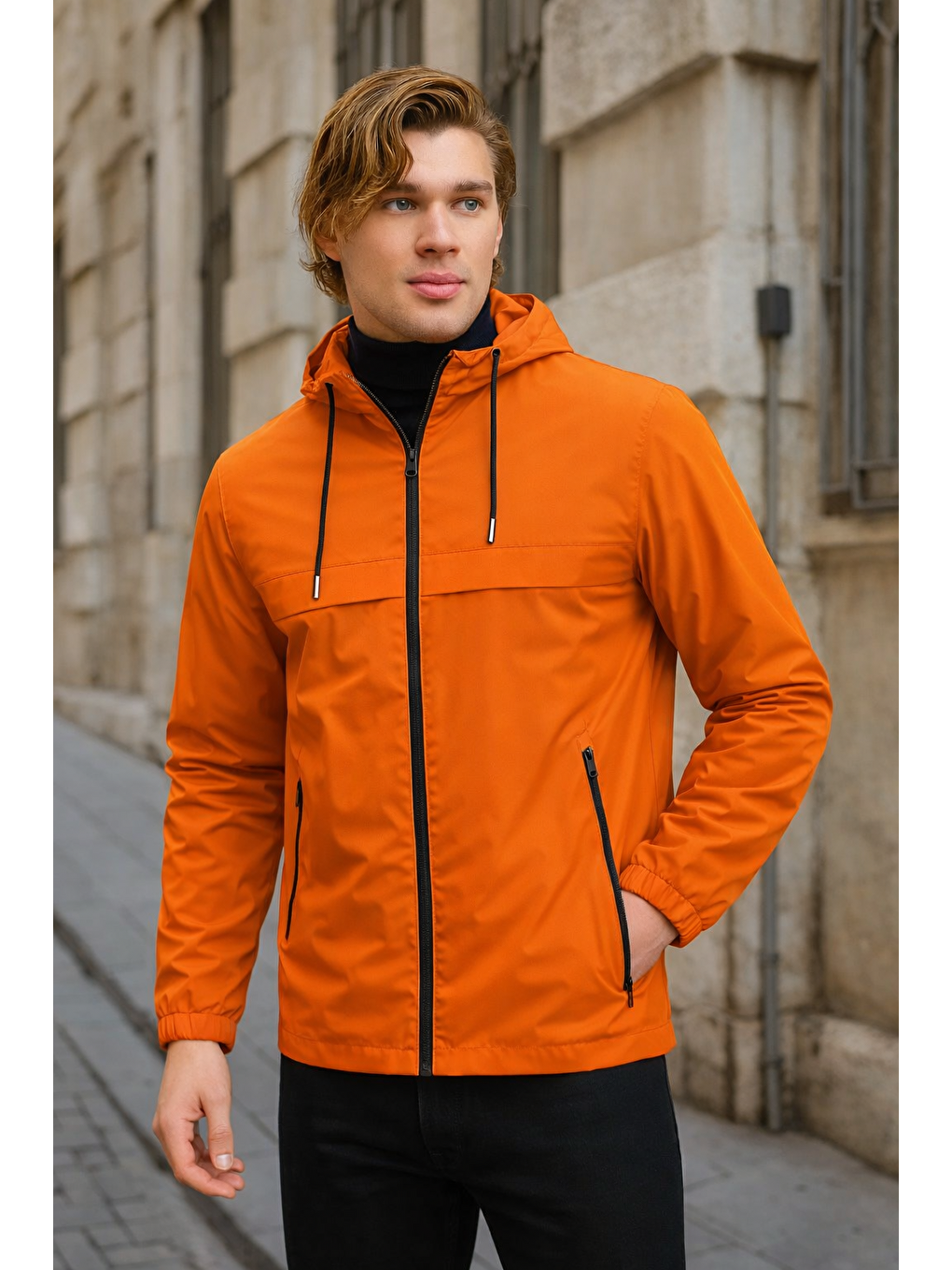Erkek Astarlı Kapüşonlu Turuncu Rüzgarlık & Yağmurluk