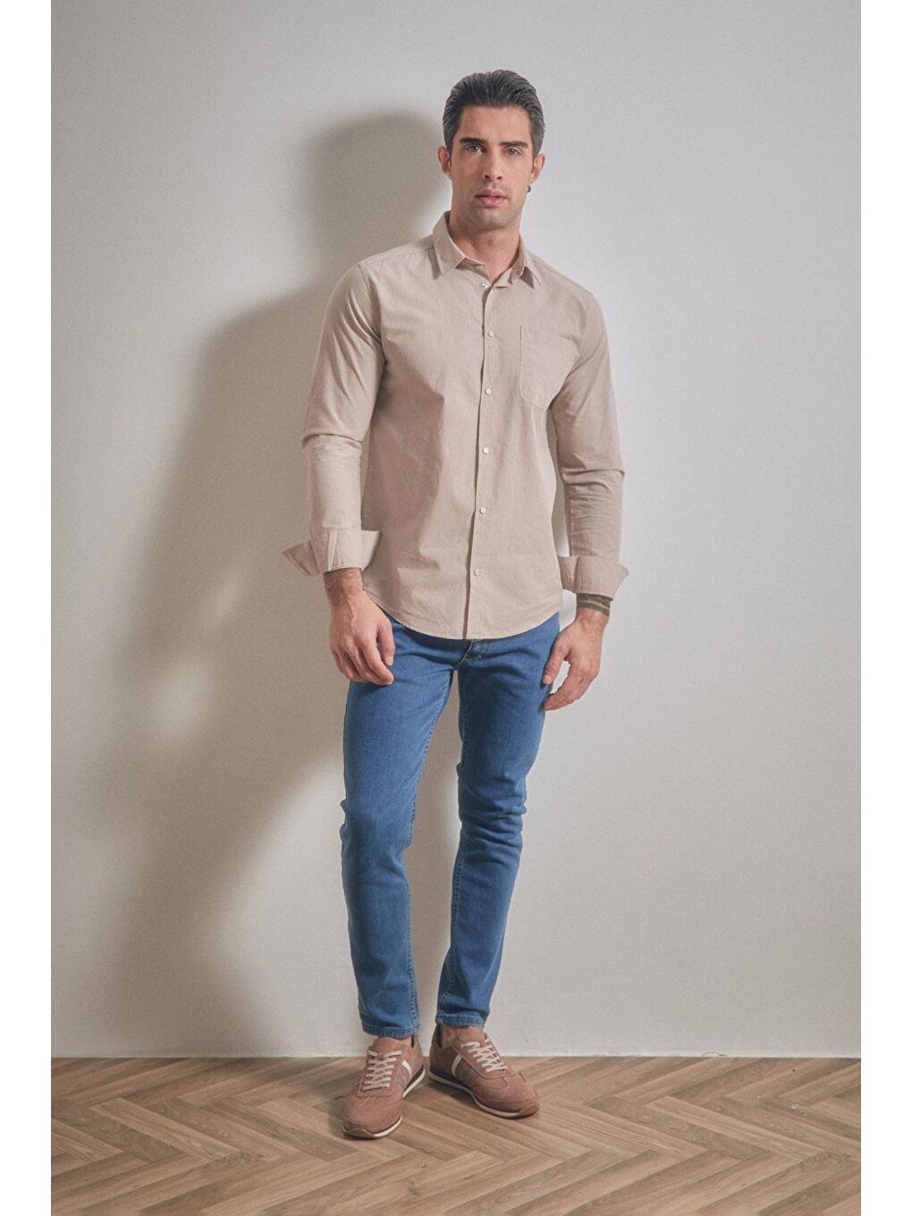 Bej Basic Çıtçıtlı Gömlek-2