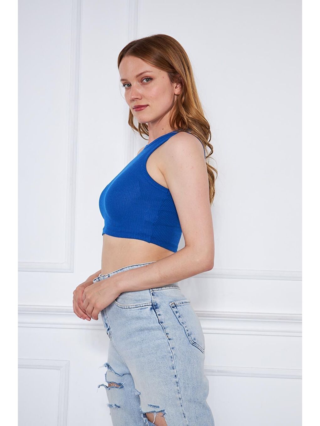 Kadın Crop Top Mavi Basic Bluz-4