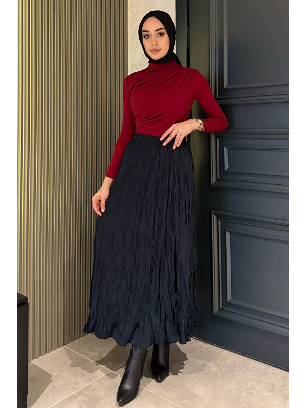 Lacivert Bel Lastikli Krinkıl Vual Tesettür Etek-1