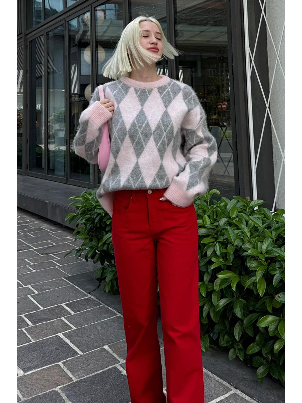 Pembe Bisiklet Yaka Şardonlu Baklava Desenli Kazak Mg2493-6