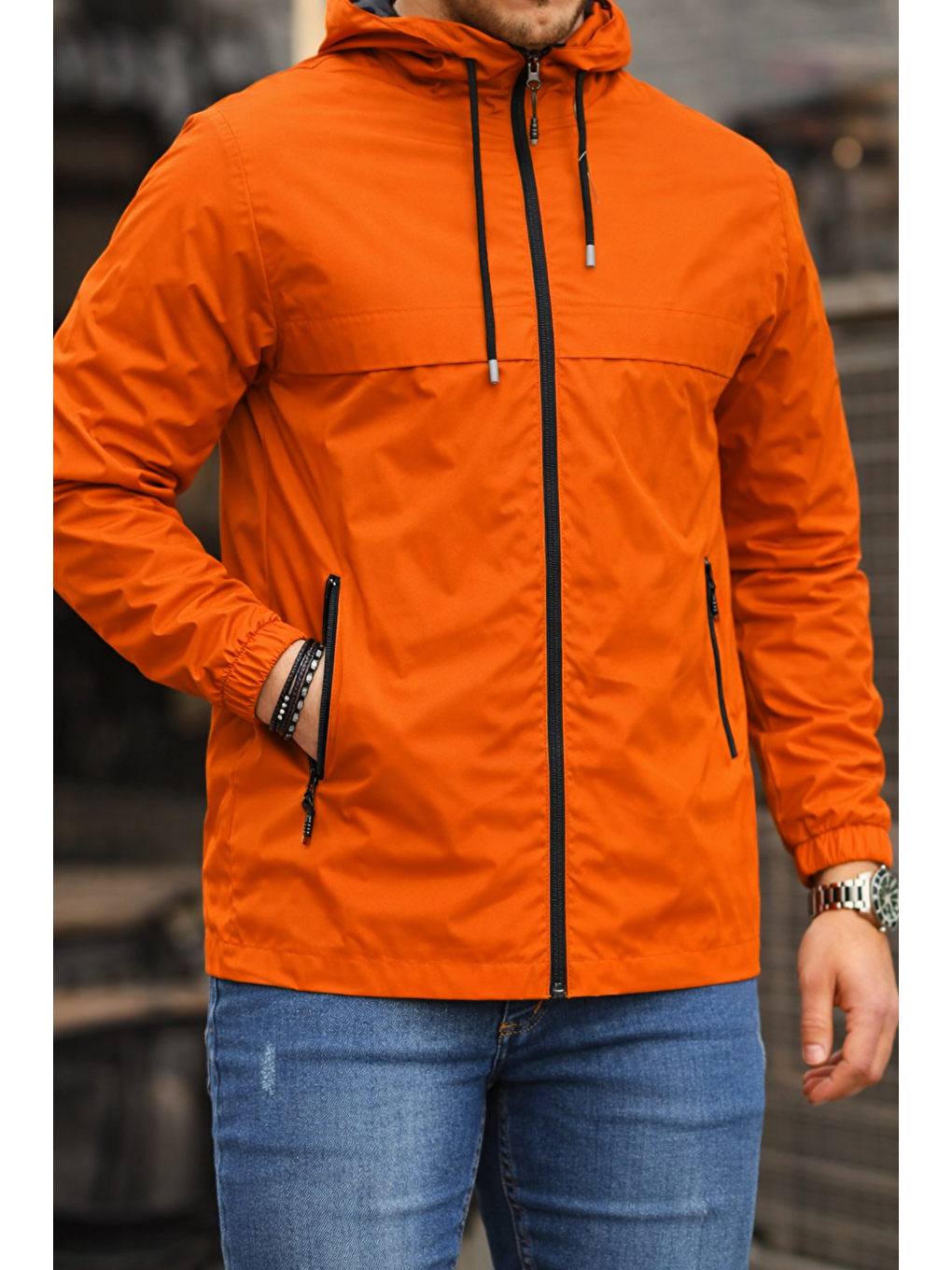 Erkek Astarlı Kapüşonlu Turuncu Rüzgarlık & Yağmurluk-1