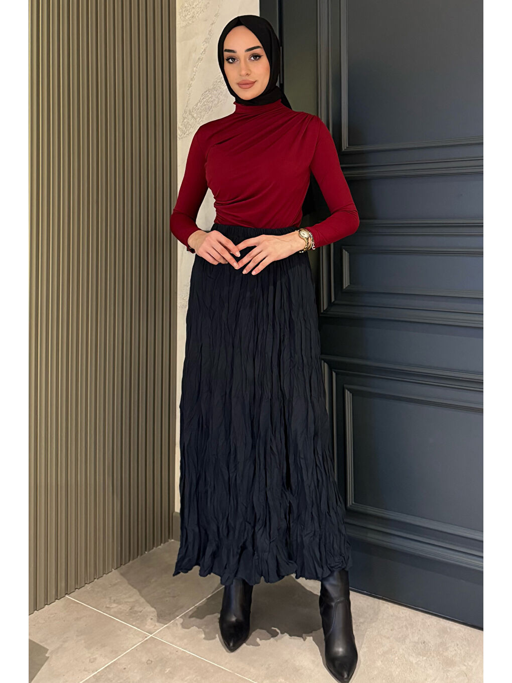Lacivert Bel Lastikli Krinkıl Vual Tesettür Etek-2