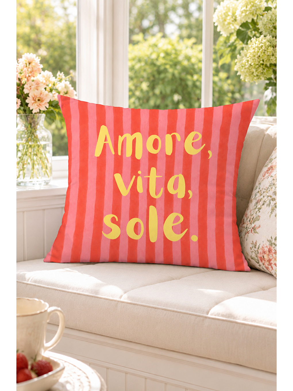 Beyaz Amore Vita Sole Çizgili Yazı Baskılı Dekoratif Kırlent Kılıfı Yazlık Dekor 43x43 Cm-5
