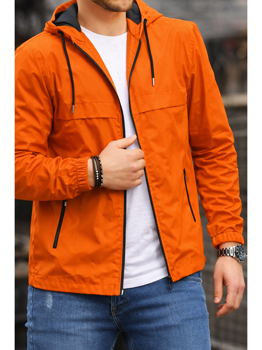Erkek Astarlı Kapüşonlu Turuncu Rüzgarlık & Yağmurluk-2