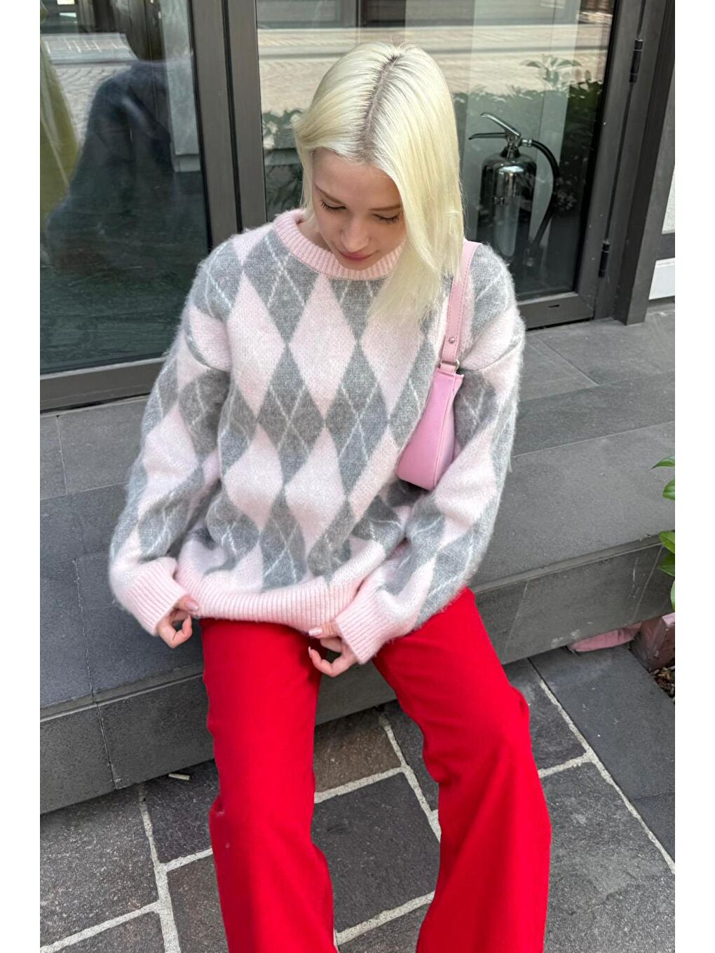 Pembe Bisiklet Yaka Şardonlu Baklava Desenli Kazak Mg2493-7