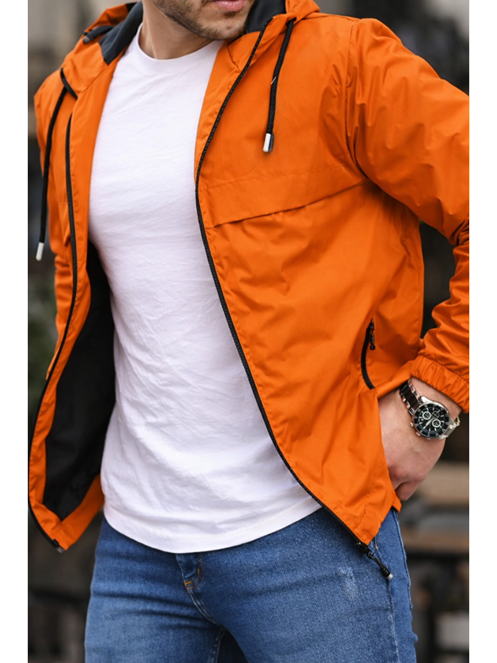 Erkek Astarlı Kapüşonlu Turuncu Rüzgarlık & Yağmurluk-3