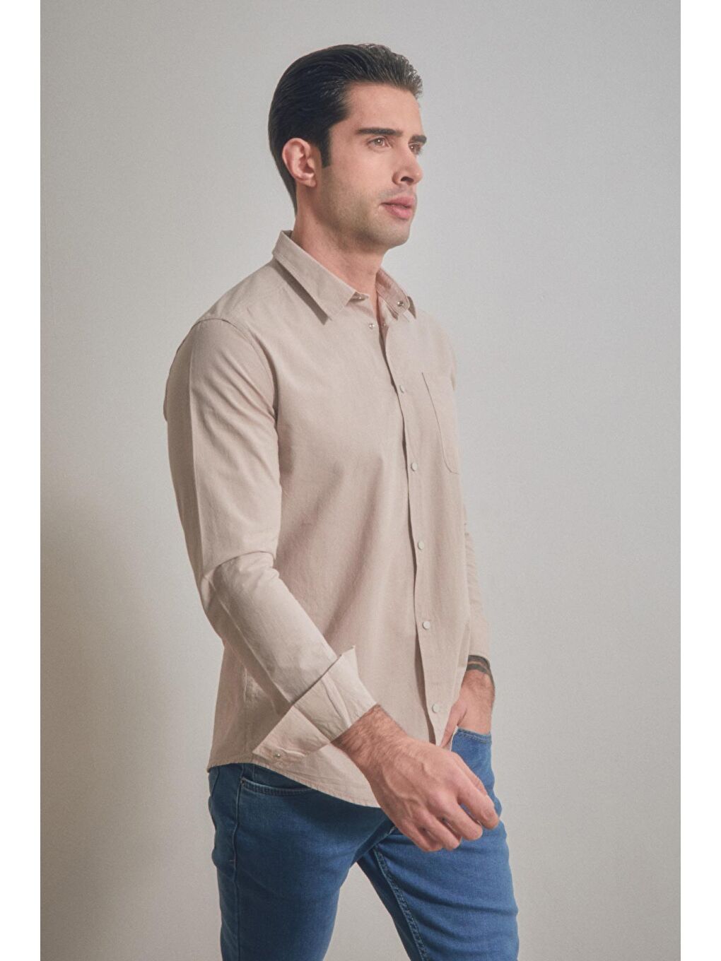 Bej Basic Çıtçıtlı Gömlek-3