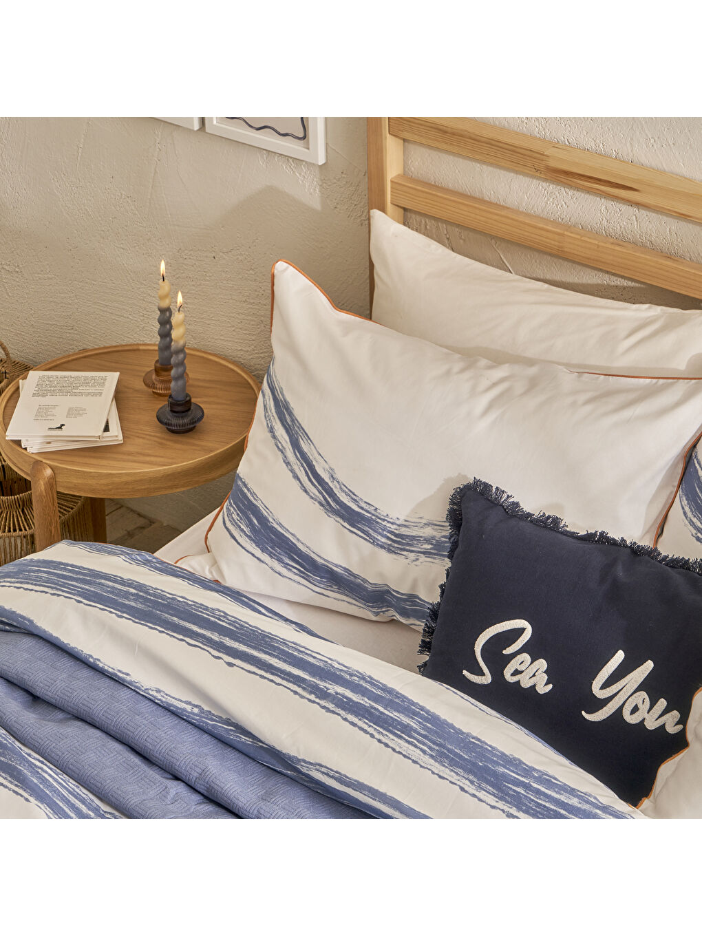 %100 Pamuk Saten Marine King Size Nevresim Seti Mavi-Beyaz (240x220 cm)-1
