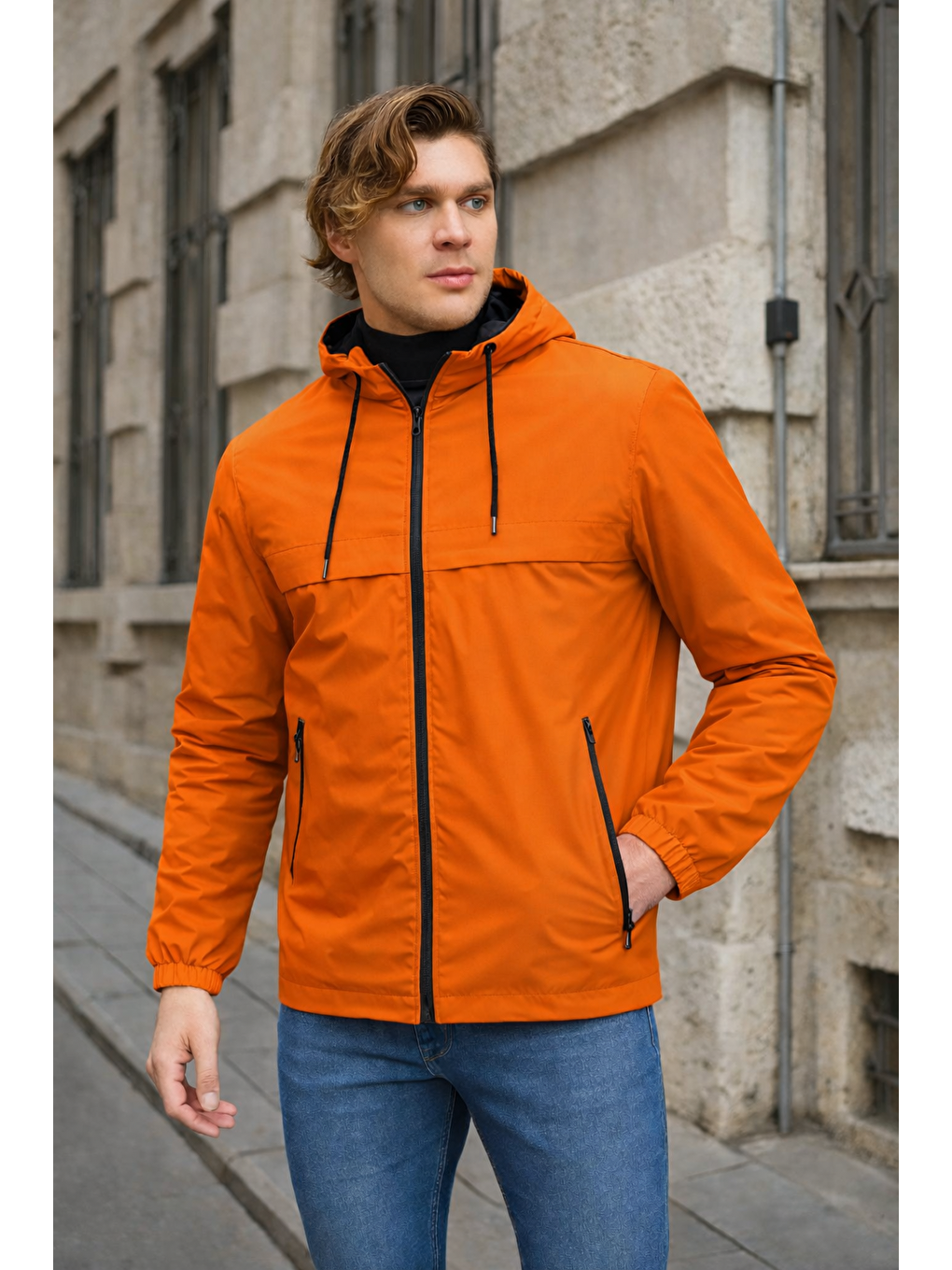 Erkek Astarlı Kapüşonlu Turuncu Rüzgarlık & Yağmurluk-4