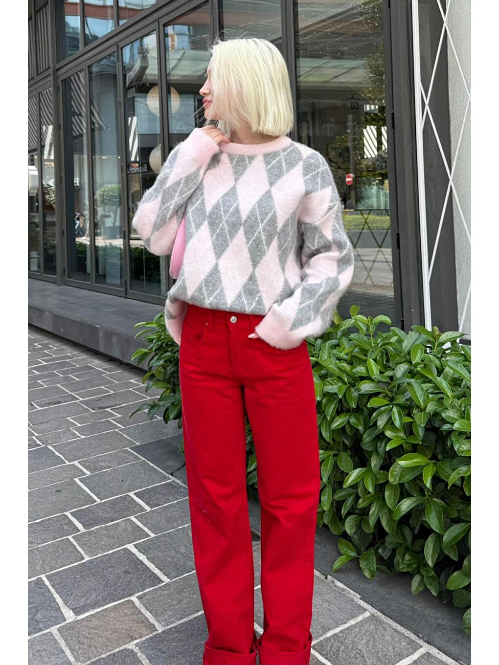 Pembe Bisiklet Yaka Şardonlu Baklava Desenli Kazak Mg2493-8