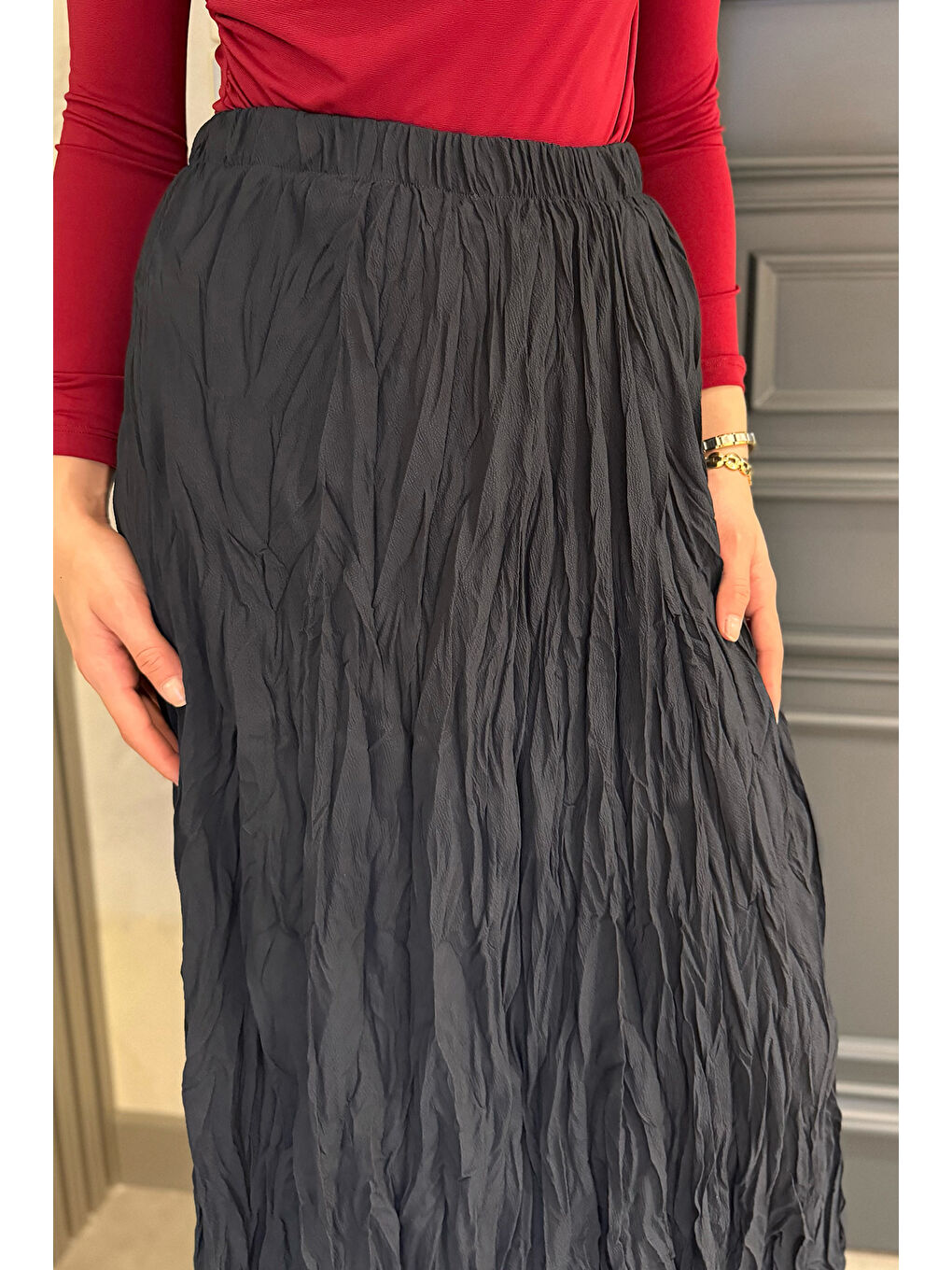 Lacivert Bel Lastikli Krinkıl Vual Tesettür Etek-5