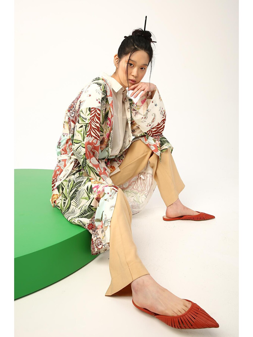 Pembe Ekru-gül Cepli Kuşaklı Desenli Kimono