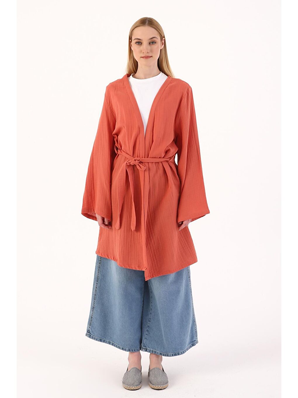 Kahverengi Açık Kiremit Pamuklu Kuşaklı Kimono-1