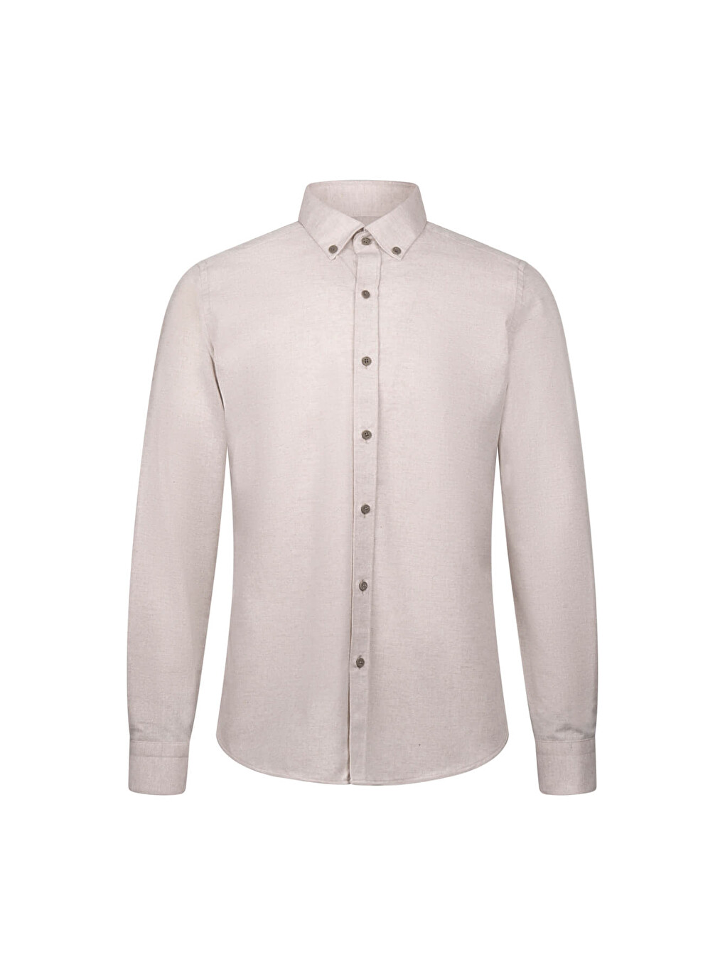Bej Slim Fit Düğmeli Yaka Pamuklu Uzun Kollu Gömlek