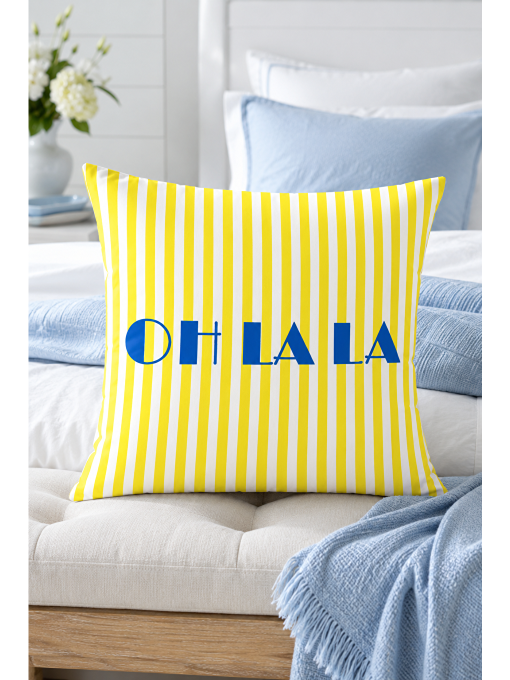 Beyaz Oh La La Sarı Çizgili Yazı Baskılı Dekoratif Kırlent Kılıfı Yazlık Dekor 43x43 Cm-6