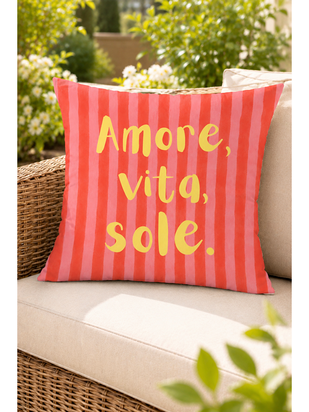 Beyaz Amore Vita Sole Çizgili Yazı Baskılı Dekoratif Kırlent Kılıfı Yazlık Dekor 43x43 Cm-6