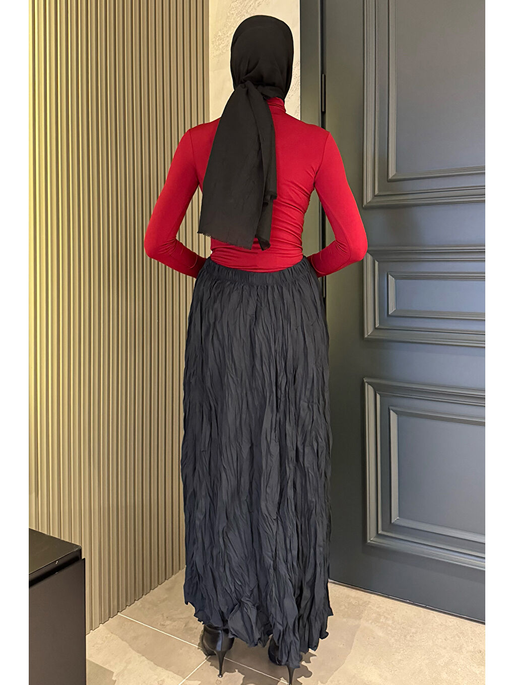 Lacivert Bel Lastikli Krinkıl Vual Tesettür Etek-7