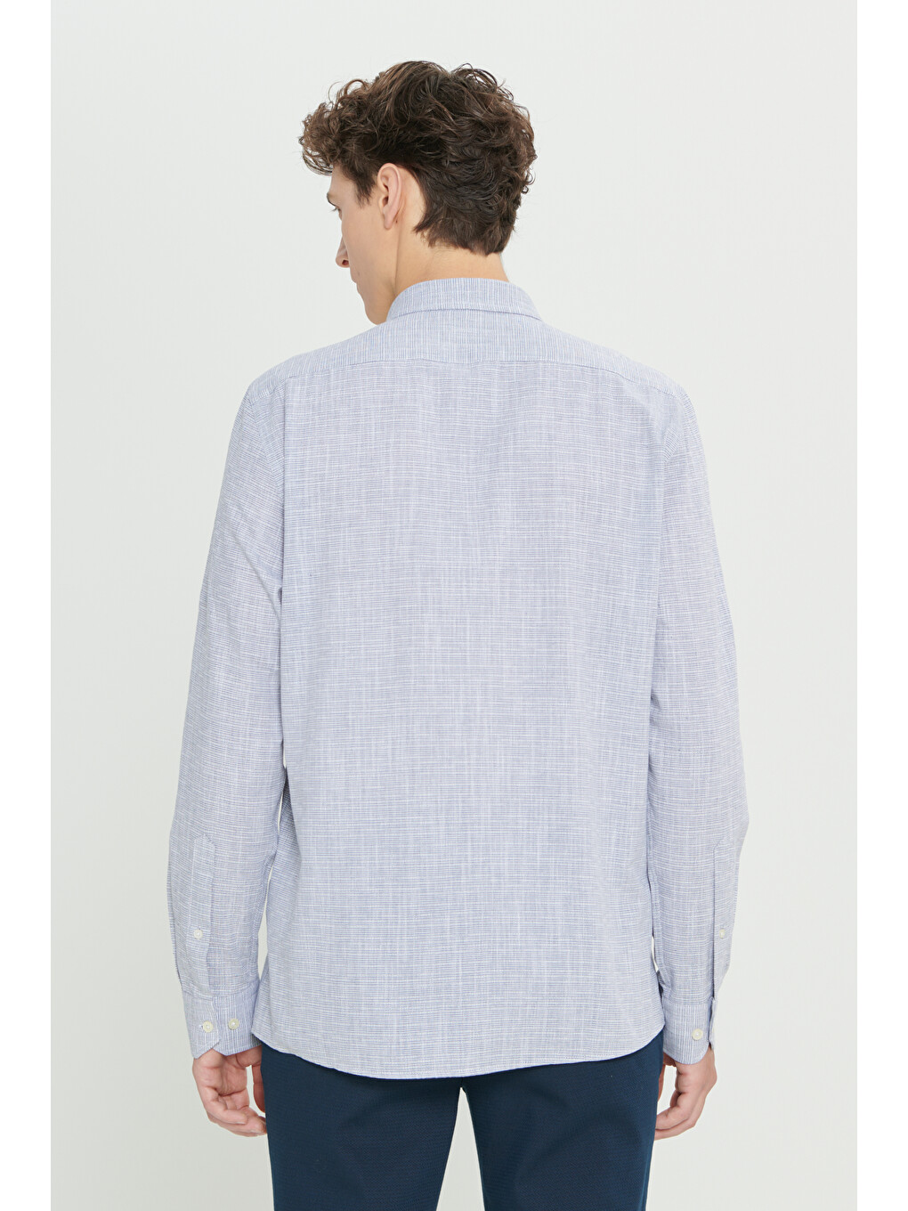 Erkek Lacivert Slim Fit Dar Kesim Düğmeli Yaka %100 Pamuk Armürlü Gömlek-5