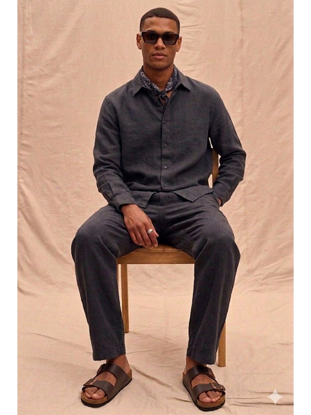 Siyah Erkek Haki Lyocell Kumaş Oversize Gömlek Pantolon Takım – Rahat Kesim Yazlık Kombin-1