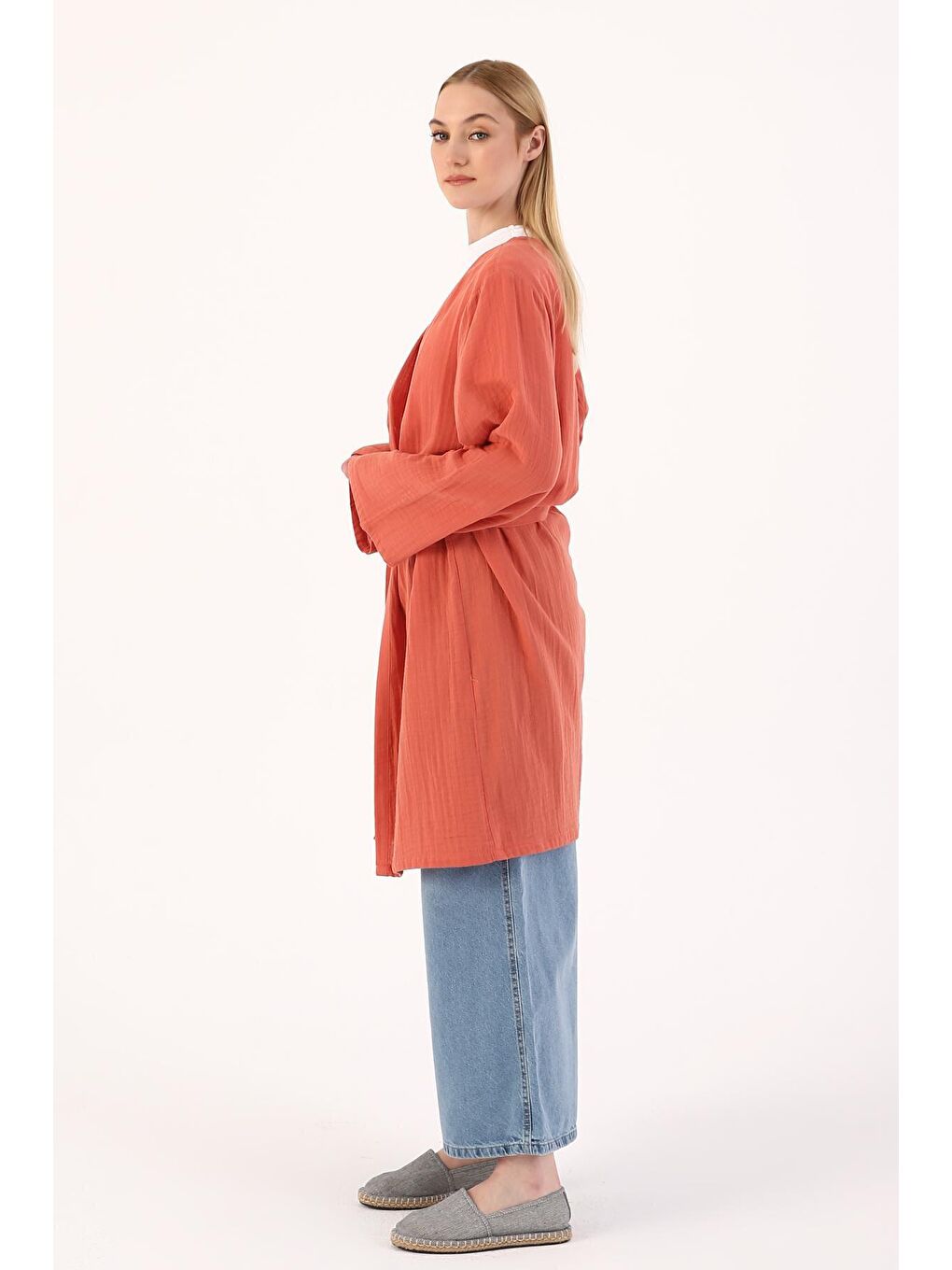 Kahverengi Açık Kiremit Pamuklu Kuşaklı Kimono-2