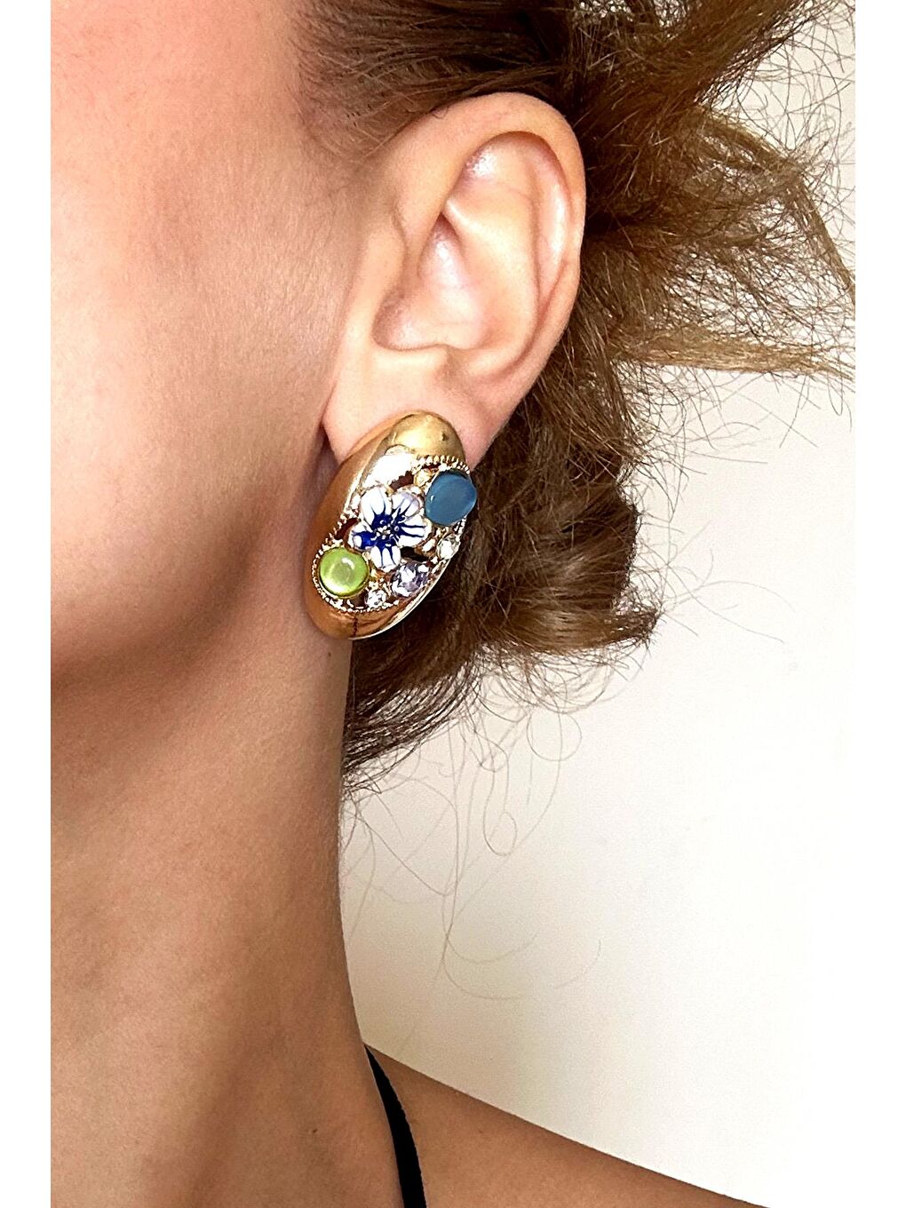 Sarı Çiçekli Yol Elips Kadın Küpe-1