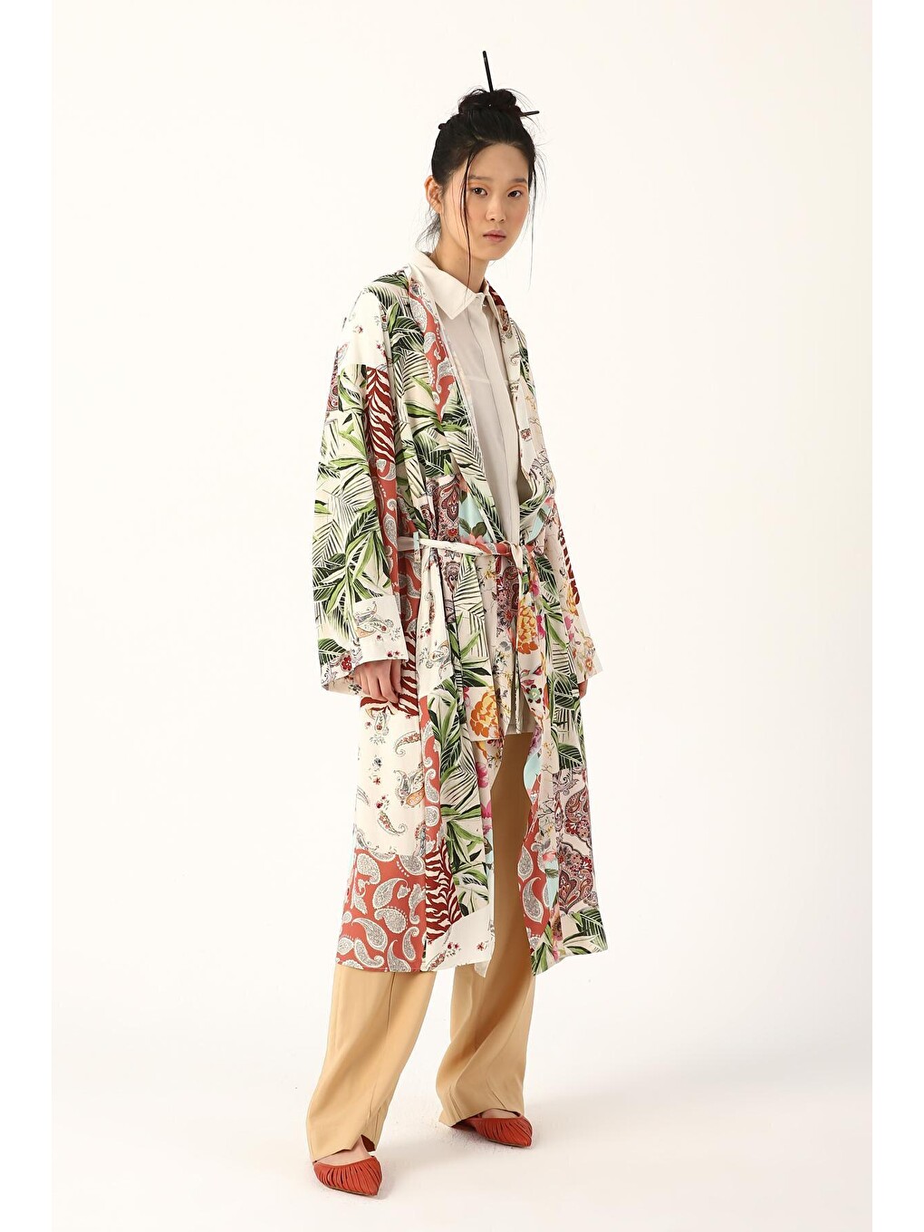Pembe Ekru-gül Cepli Kuşaklı Desenli Kimono-2