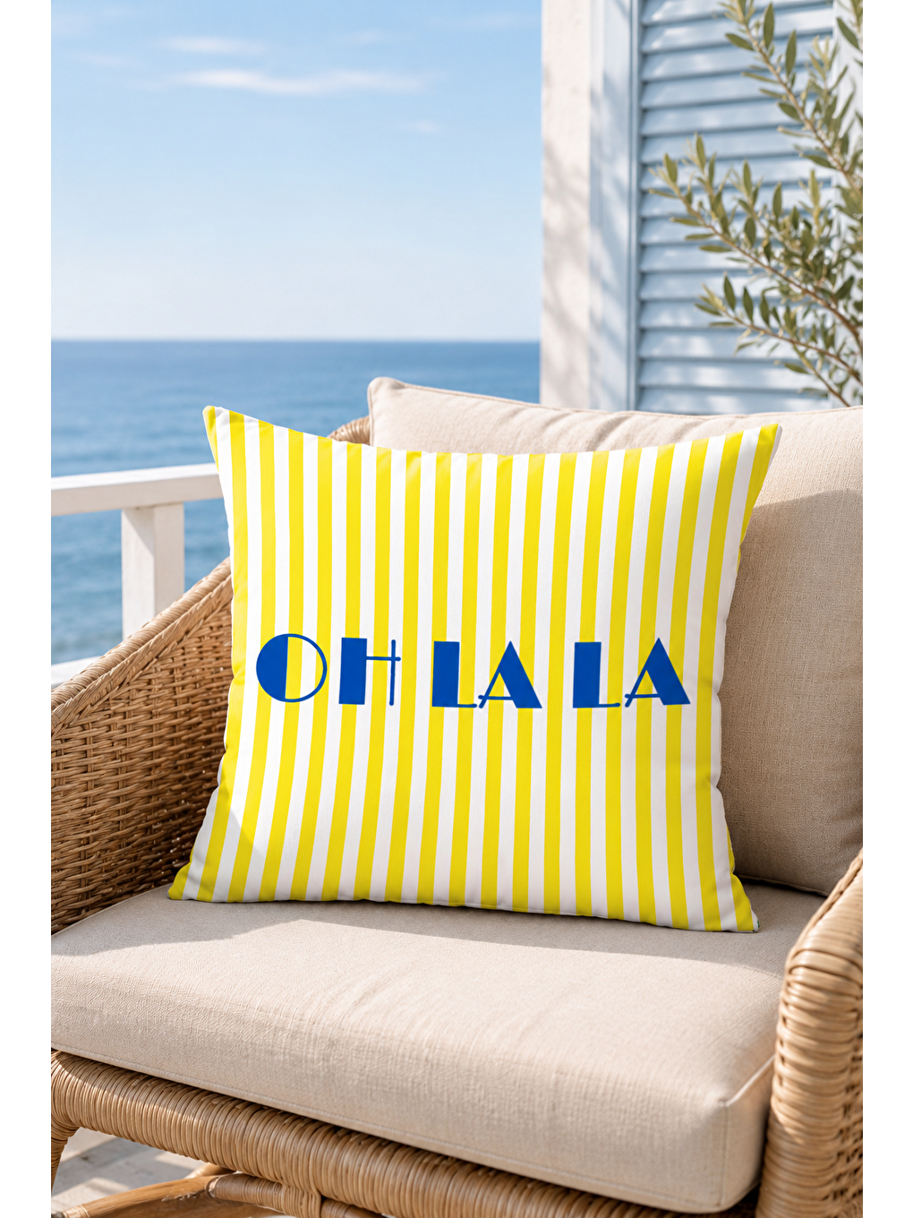 Beyaz Oh La La Sarı Çizgili Yazı Baskılı Dekoratif Kırlent Kılıfı Yazlık Dekor 43x43 Cm-7