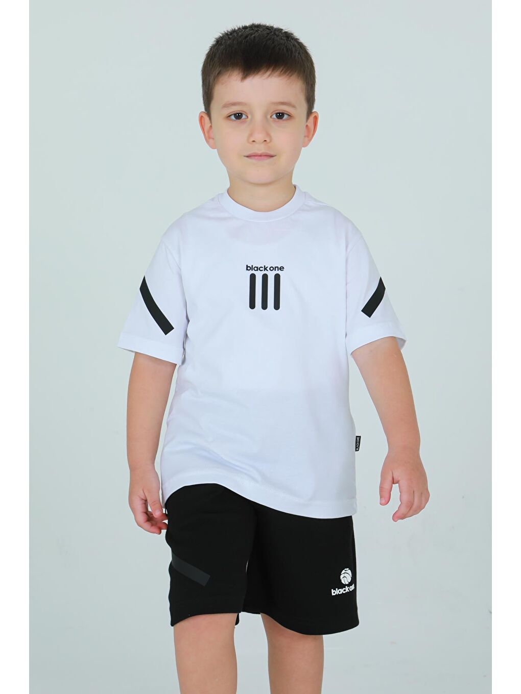 Beyaz Bisiklet Yaka Çizgi Baskı Detaylı Tişört Ayarlanabilir Bel Lastikli Takım-3