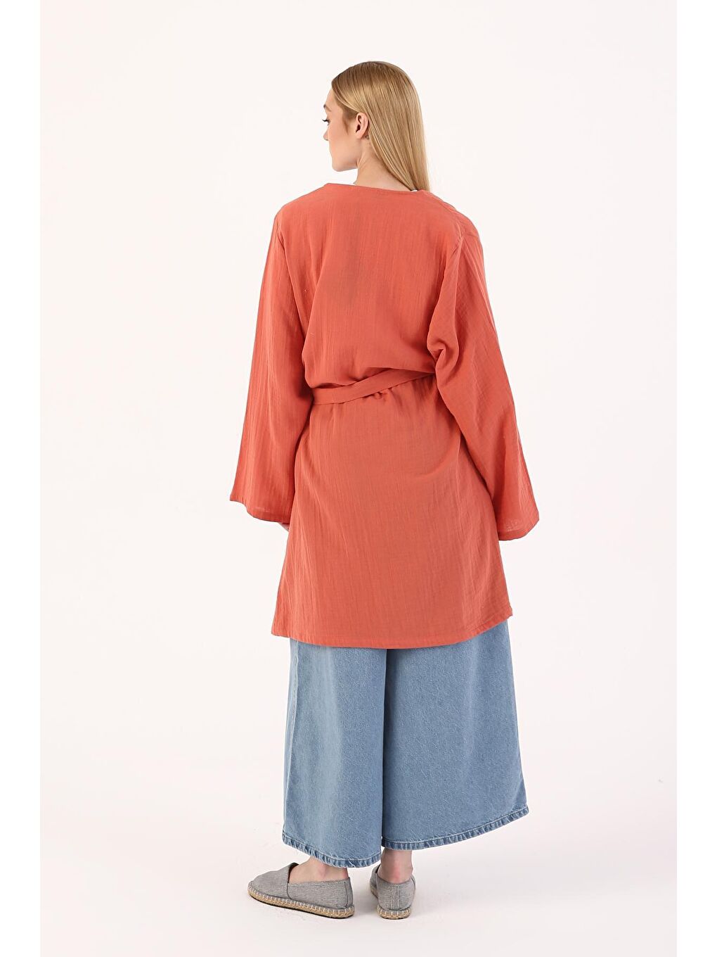 Kahverengi Açık Kiremit Pamuklu Kuşaklı Kimono-3