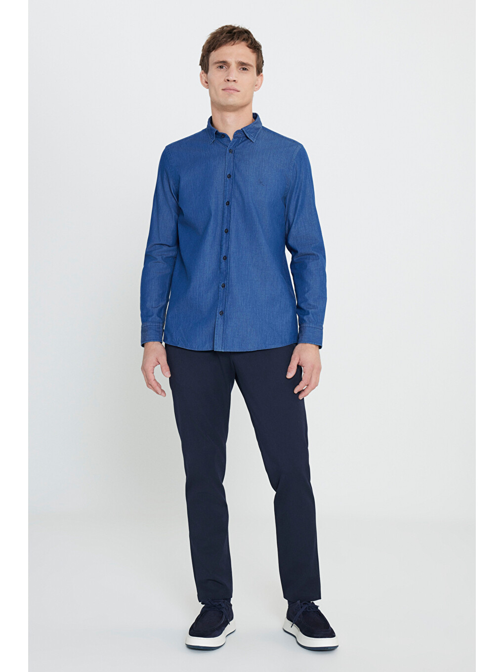 Erkek İndigo %100 Pamuk Slim Fit Dar Kesim Jean Jean Denim Gömlek-1