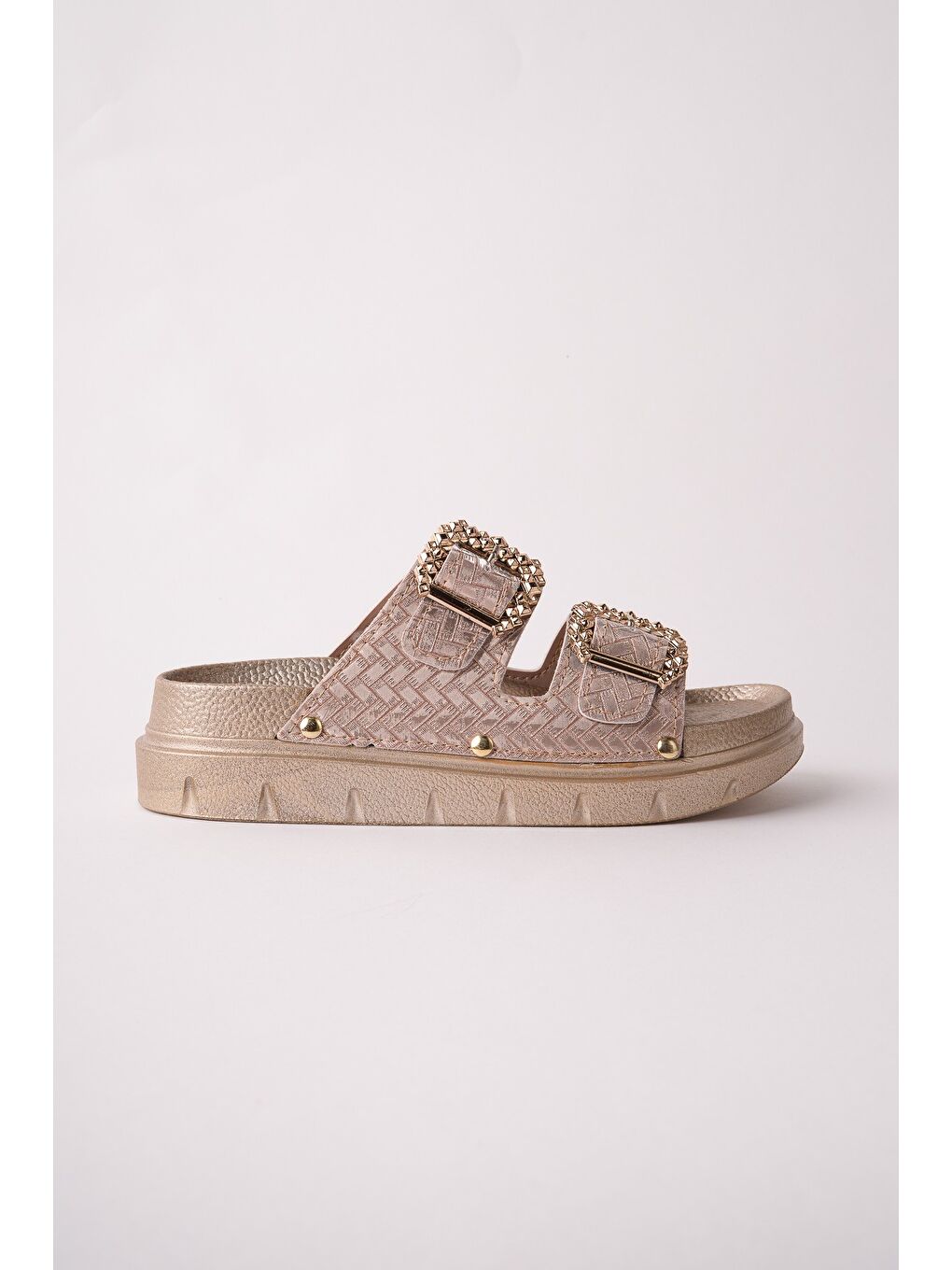 Bej GLİTZA Parlak Dokulu Çift Tokalı Günlük Kadın Terlik-2