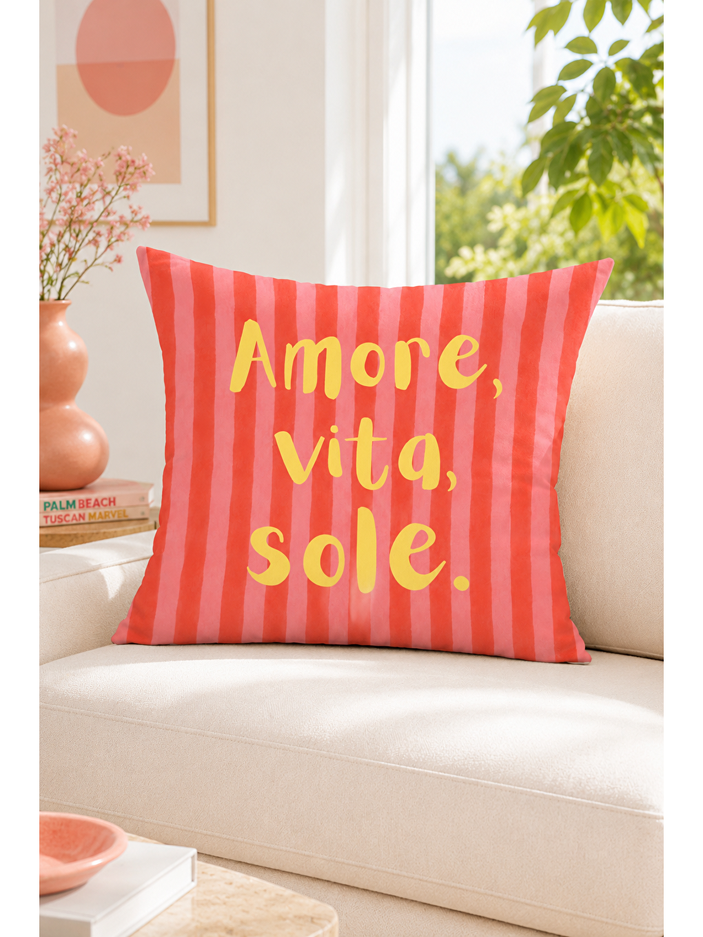Beyaz Amore Vita Sole Çizgili Yazı Baskılı Dekoratif Kırlent Kılıfı Yazlık Dekor 43x43 Cm-7