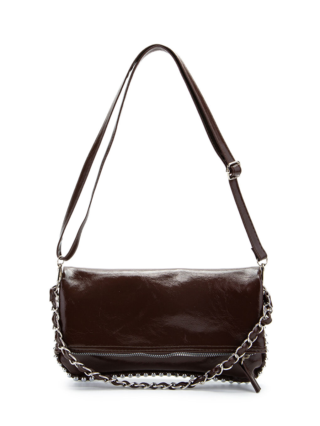 Metal Boncuk Detaylı Çift Askılı Suni Deri Kadın Çapraz Çanta Jackie Rugan Kahverengi-1